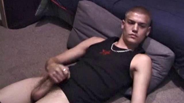 Lance is chilling while watching a porn, as he works up a boner. Some determined stroking causes a cum explosion onto Lance's shirt, which he quickly licks up.