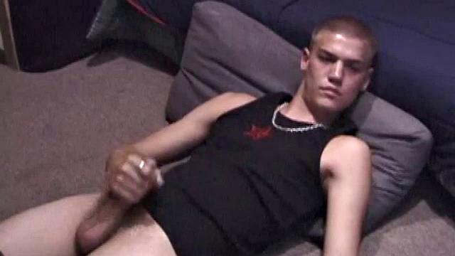 Lance is chilling while watching a porn, as he works up a boner. Some determined stroking causes a cum explosion onto Lance's shirt, which he quickly licks up.