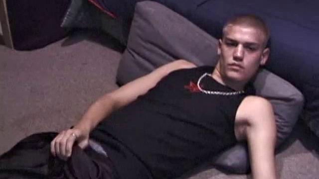 Lance is chilling while watching a porn, as he works up a boner. Some determined stroking causes a cum explosion onto Lance's shirt, which he quickly licks up.