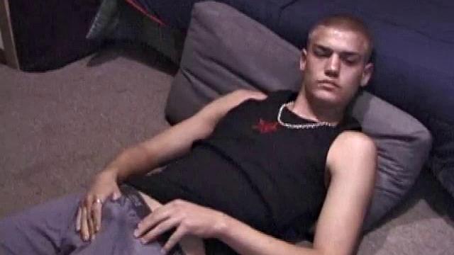 Lance is chilling while watching a porn, as he works up a boner. Some determined stroking causes a cum explosion onto Lance's shirt, which he quickly licks up.