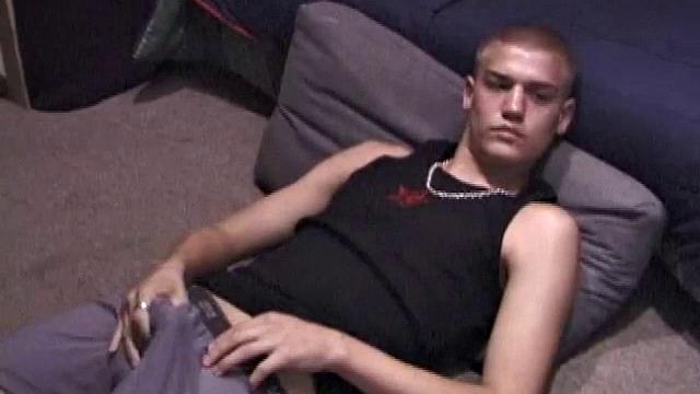 Lance is chilling while watching a porn, as he works up a boner. Some determined stroking causes a cum explosion onto Lance's shirt, which he quickly licks up.