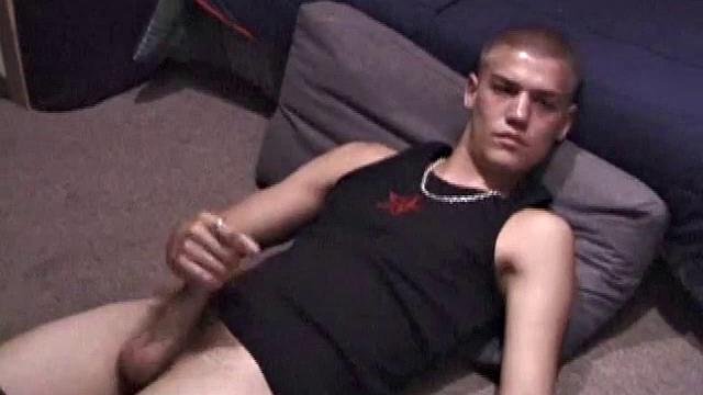 Lance is chilling while watching a porn, as he works up a boner. Some determined stroking causes a cum explosion onto Lance's shirt, which he quickly licks up.