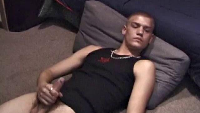 Lance is chilling while watching a porn, as he works up a boner. Some determined stroking causes a cum explosion onto Lance's shirt, which he quickly licks up.