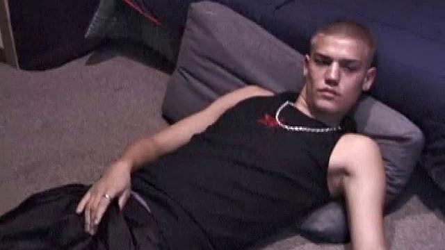 Lance is chilling while watching a porn, as he works up a boner. Some determined stroking causes a cum explosion onto Lance's shirt, which he quickly licks up.