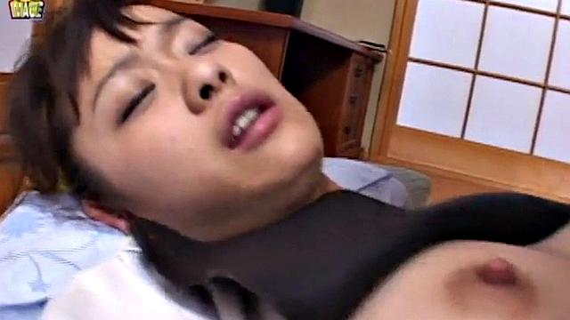 Doggystyled Japanese teen gets wet with finger.