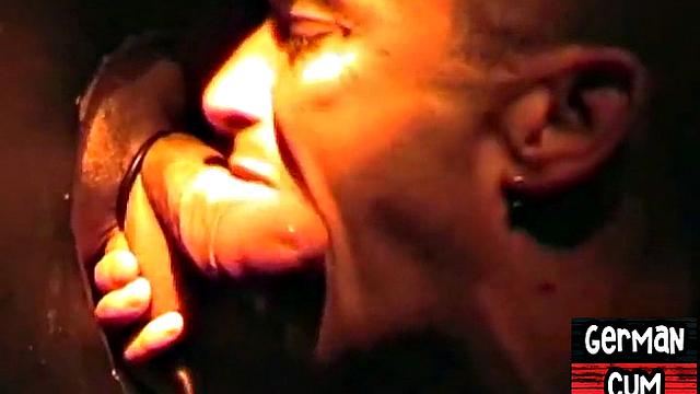 Gloryhole German stud sucks cock in closeup for facial