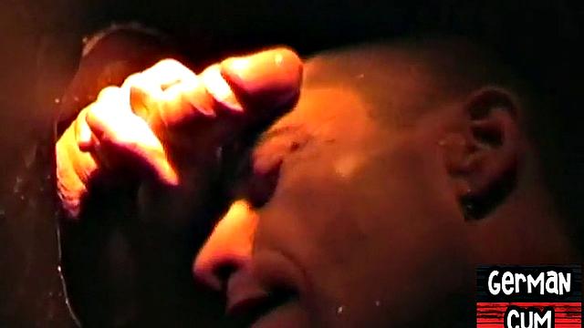 Gloryhole German stud sucks cock in closeup for facial