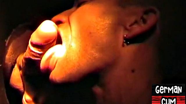 Gloryhole German stud sucks cock in closeup for facial