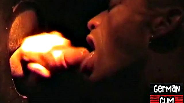 Gloryhole German stud sucks cock in closeup for facial