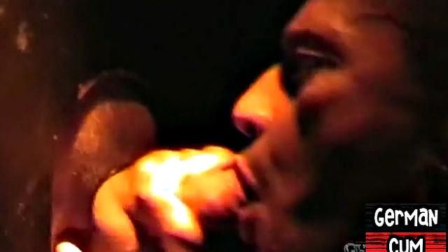 Gloryhole German stud sucks cock in closeup for facial