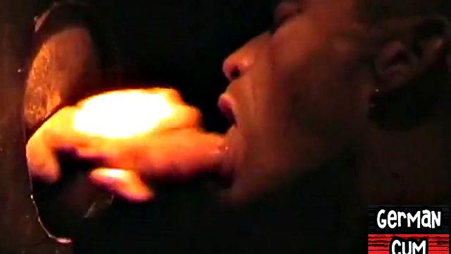 Gloryhole German stud sucks cock in closeup for facial