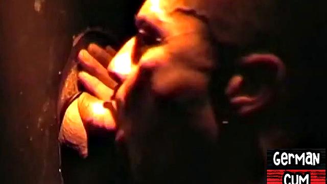 Gloryhole German stud sucks cock in closeup for facial