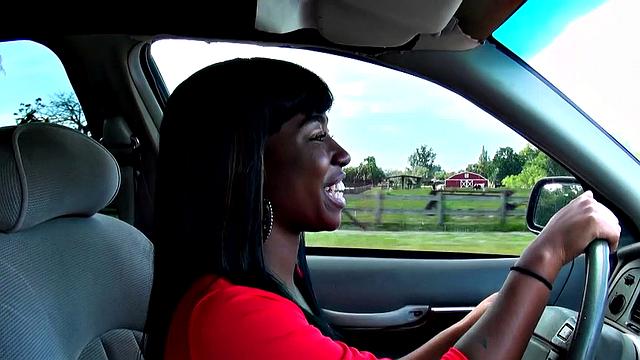 Latina with big tits gives sloppy head while fucking in car with her man