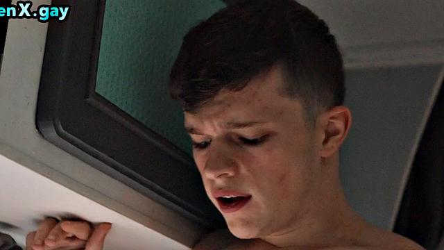 Cum-loving twink barebacked in camper on public road