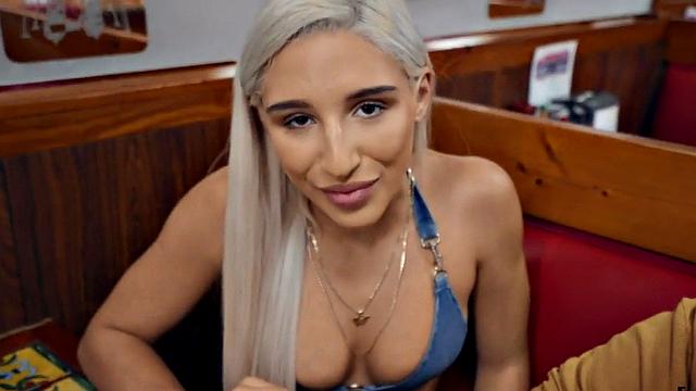 Blonde cutie gets her trimmed pussy sucked before being ravished in the bathroom