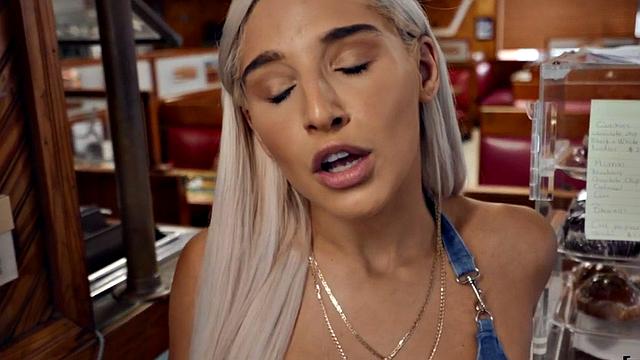 Blonde cutie gets her trimmed pussy sucked before being ravished in the bathroom