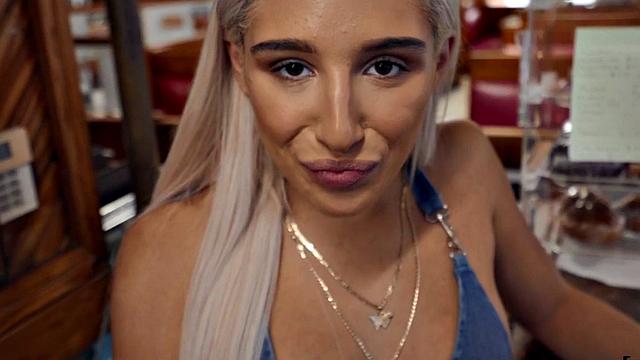 Blonde cutie gets her trimmed pussy sucked before being ravished in the bathroom