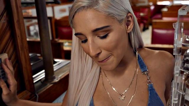 Blonde cutie gets her trimmed pussy sucked before being ravished in the bathroom