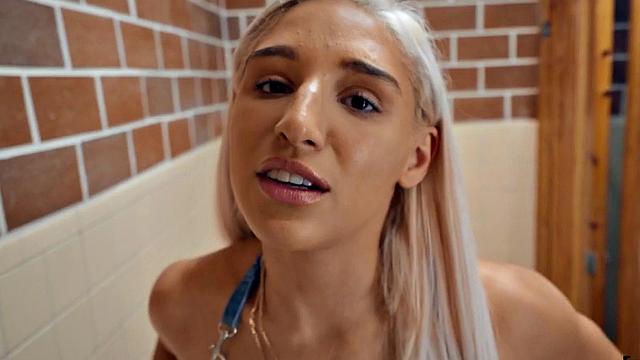 Blonde cutie gets her trimmed pussy sucked before being ravished in the bathroom