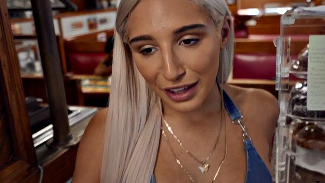 Blonde cutie gets her trimmed pussy sucked before being ravished in the bathroom