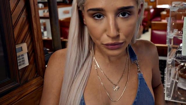 Blonde cutie gets her trimmed pussy sucked before being ravished in the bathroom