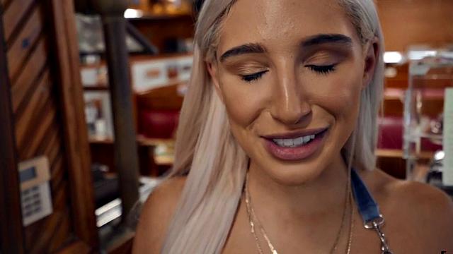 Blonde cutie gets her trimmed pussy sucked before being ravished in the bathroom