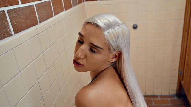 Blonde cutie gets her trimmed pussy sucked before being ravished in the bathroom