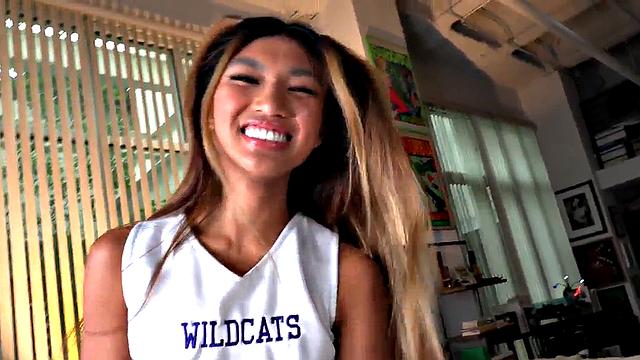 Petite Asian cheerleader gives POV with her 21yo hands