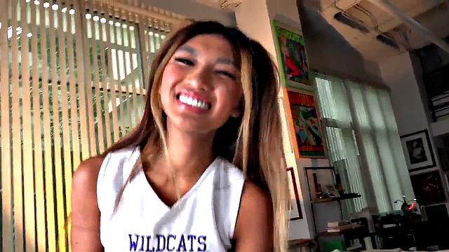 Petite Asian cheerleader gives POV with her 21yo hands