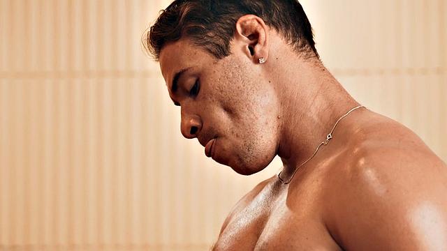 Eager jock doggystyled by muscled lover in sauna 3some