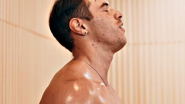 Eager jock doggystyled by muscled lover in sauna 3some