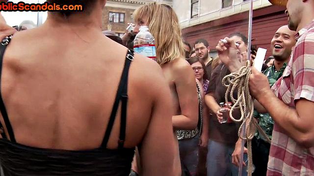 Public BDSM slut whipped and used for outdoor fun