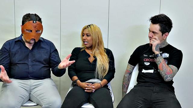 Ball sucking sub in trio getting ass filled