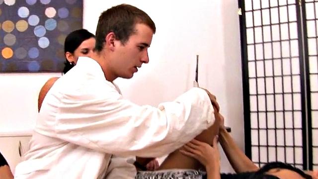 CFNM femdoms toying doctor's asshole in threesome