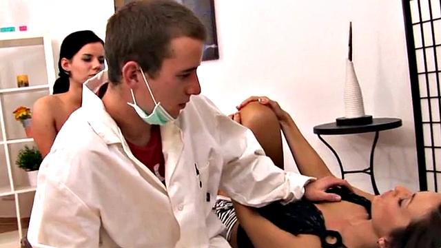CFNM femdoms toying doctor's asshole in threesome