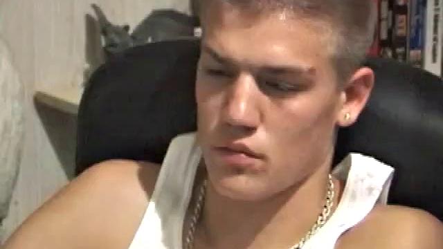 Lance is hot when he looks into the camera and plays with his cock. He asks if we want to suck his dick, before blowing a warm cum load all over his chair and having a taste for the very first time.