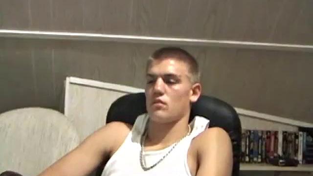 Lance is hot when he looks into the camera and plays with his cock. He asks if we want to suck his dick, before blowing a warm cum load all over his chair and having a taste for the very first time.