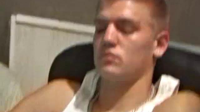 Lance is hot when he looks into the camera and plays with his cock. He asks if we want to suck his dick, before blowing a warm cum load all over his chair and having a taste for the very first time.