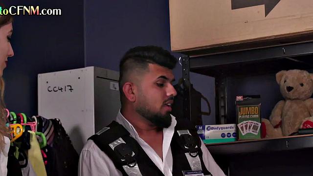 British doms in stockroom suck guy in CFNM BJ