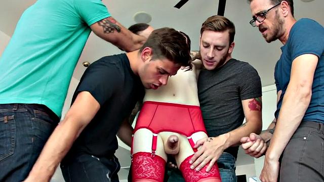 Lingerie tgirl gangbanged in group before bukkake