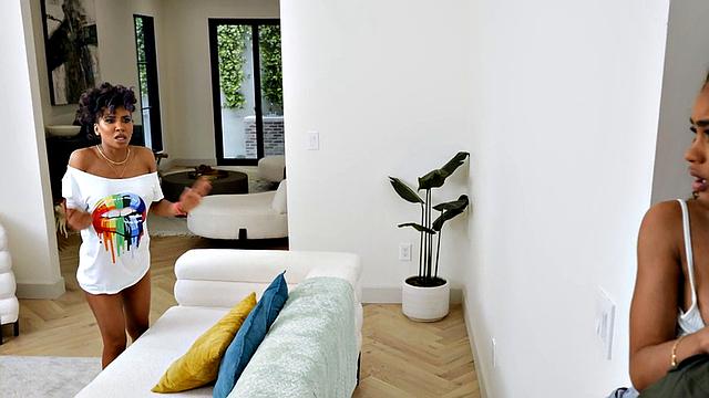 Tiny squirting ebony babe sucks cock and gets fucked in 3way