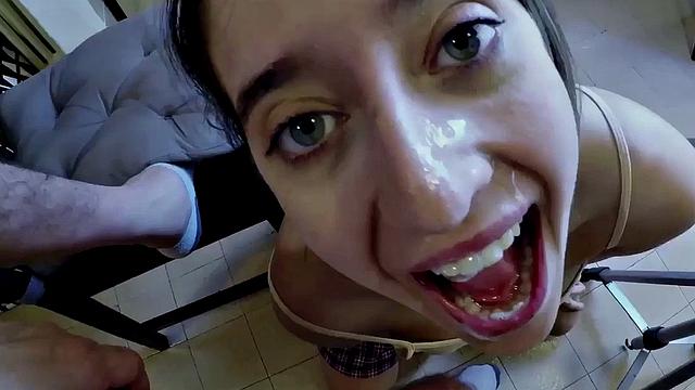 Amateur CFNM student sucks dick of her professor till facial