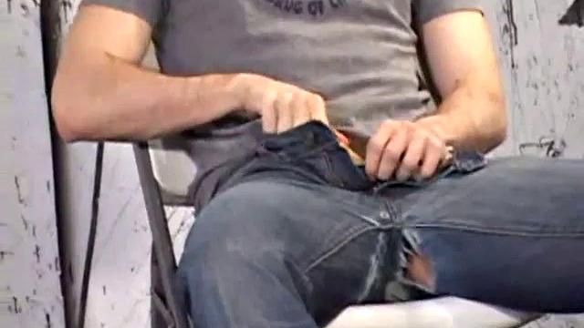 After unzipping his jeans, Gabriel Turner pulls out his cock and works that monster meat hard. A determined hand, a little lube and warm spit help him to pump out a gushing cum load for us.