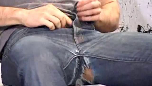 After unzipping his jeans, Gabriel Turner pulls out his cock and works that monster meat hard. A determined hand, a little lube and warm spit help him to pump out a gushing cum load for us.