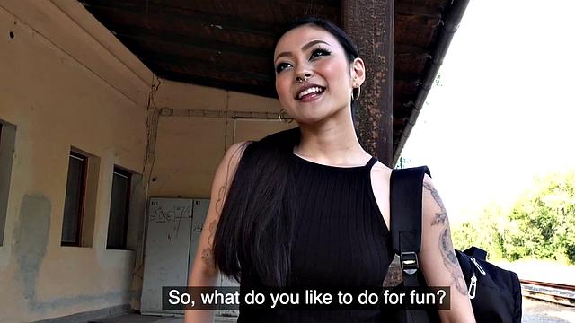 Watch this pierced asian cutie get paid for some public doggy-style action