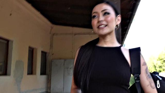 Watch this pierced asian cutie get paid for some public doggy-style action