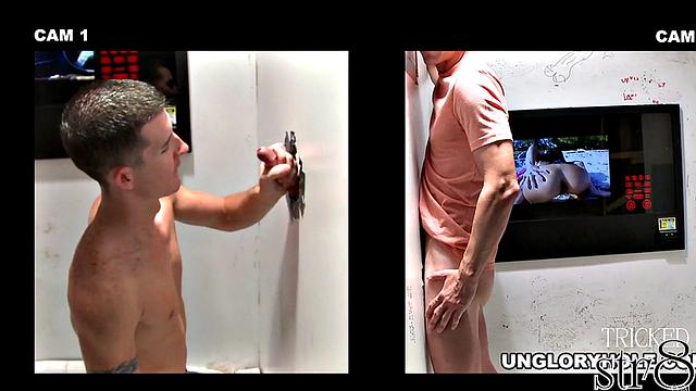Horny straight stud gets seduced by a hung stranger at the gloryhole