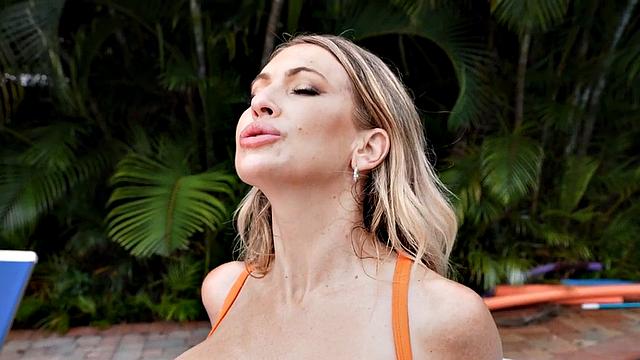 Big-titted stepmom cockriding stepson's cock outdoors