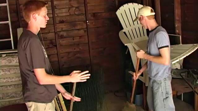 Fair skinned redheads Patrick and Jarrin clean up the garage, when the mood strikes. The shorts drop, big cocks pop out and the boys go down on each other. The two eventually move things to the bedroom, where they continue to suck dick.