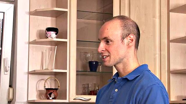 Kitchen femdoms pegging guy in amateur 3some with strapon